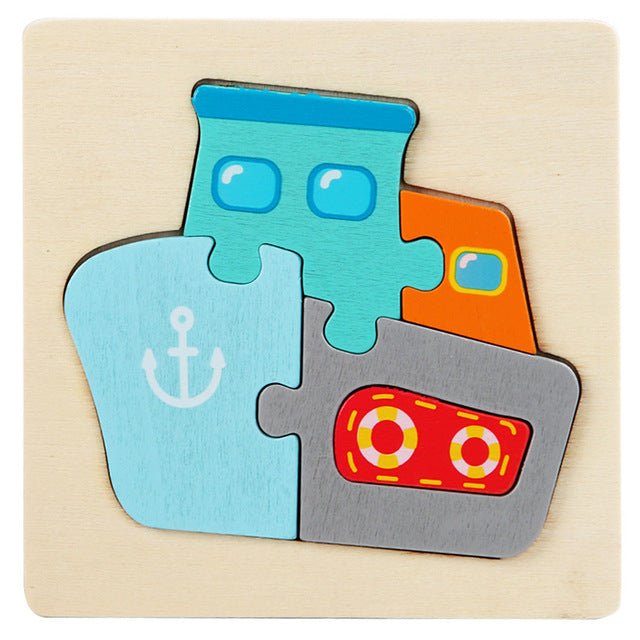 Children's puzzle with colorful pieces shaped like a boat on a beige background