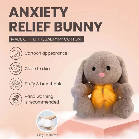 Anxiety Relief Bunny plush toy with features listed on a pink background