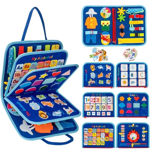 Children's educational toy book with colorful pages and interactive elements on a white background.