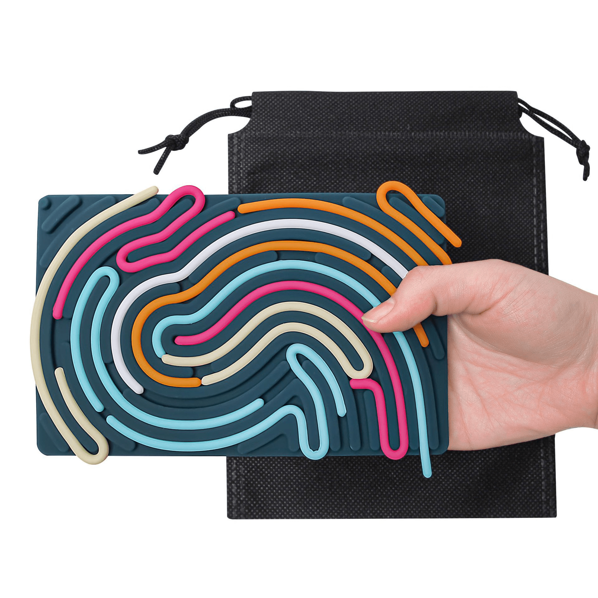 Colorful silicone bread shapes on a black drawstring bag with a hand holding them.