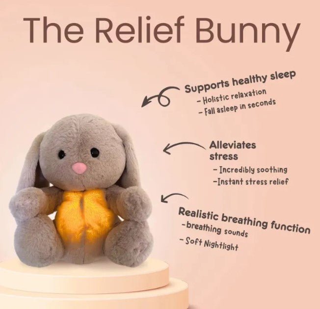 Gray bunny plush toy with glowing belly on a pink background, labeled 'The Relief Bunny' with features listed.