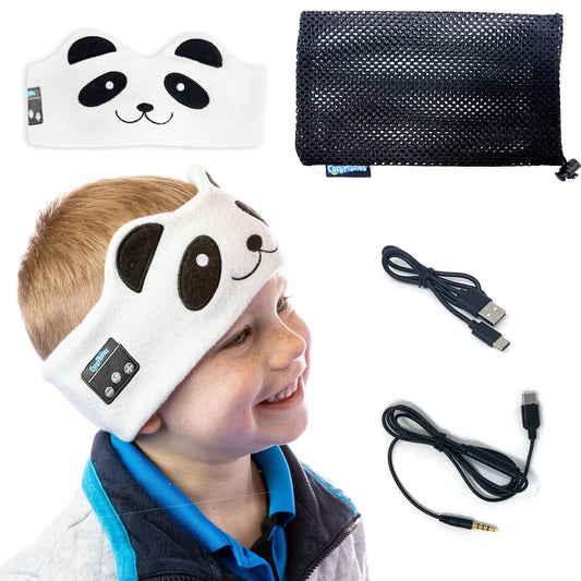 Panda-themed sleep mask worn by a child, with a black mesh pouch and USB cable on a white background.