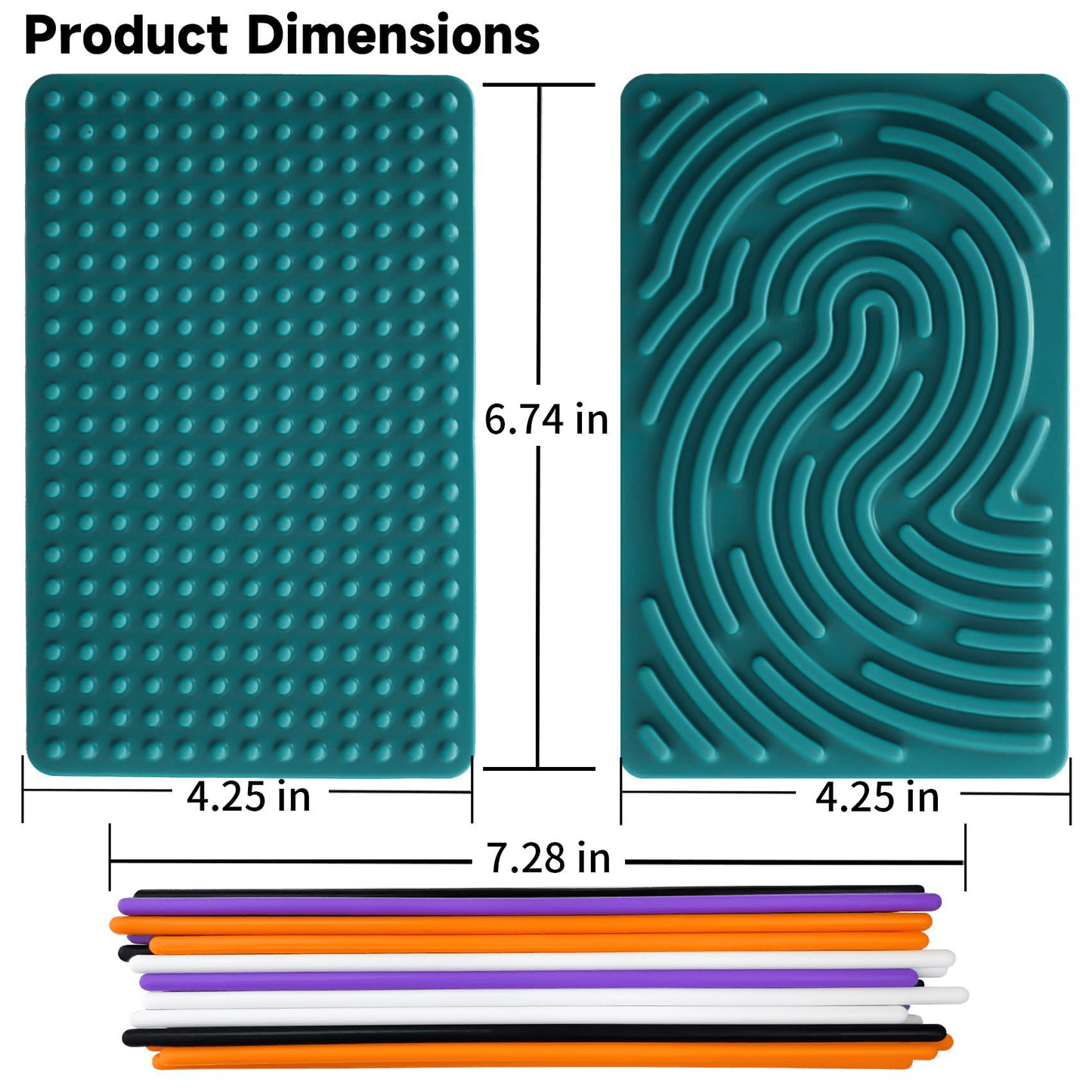 Teal silicone mat with textured patterns and dimensions displayed