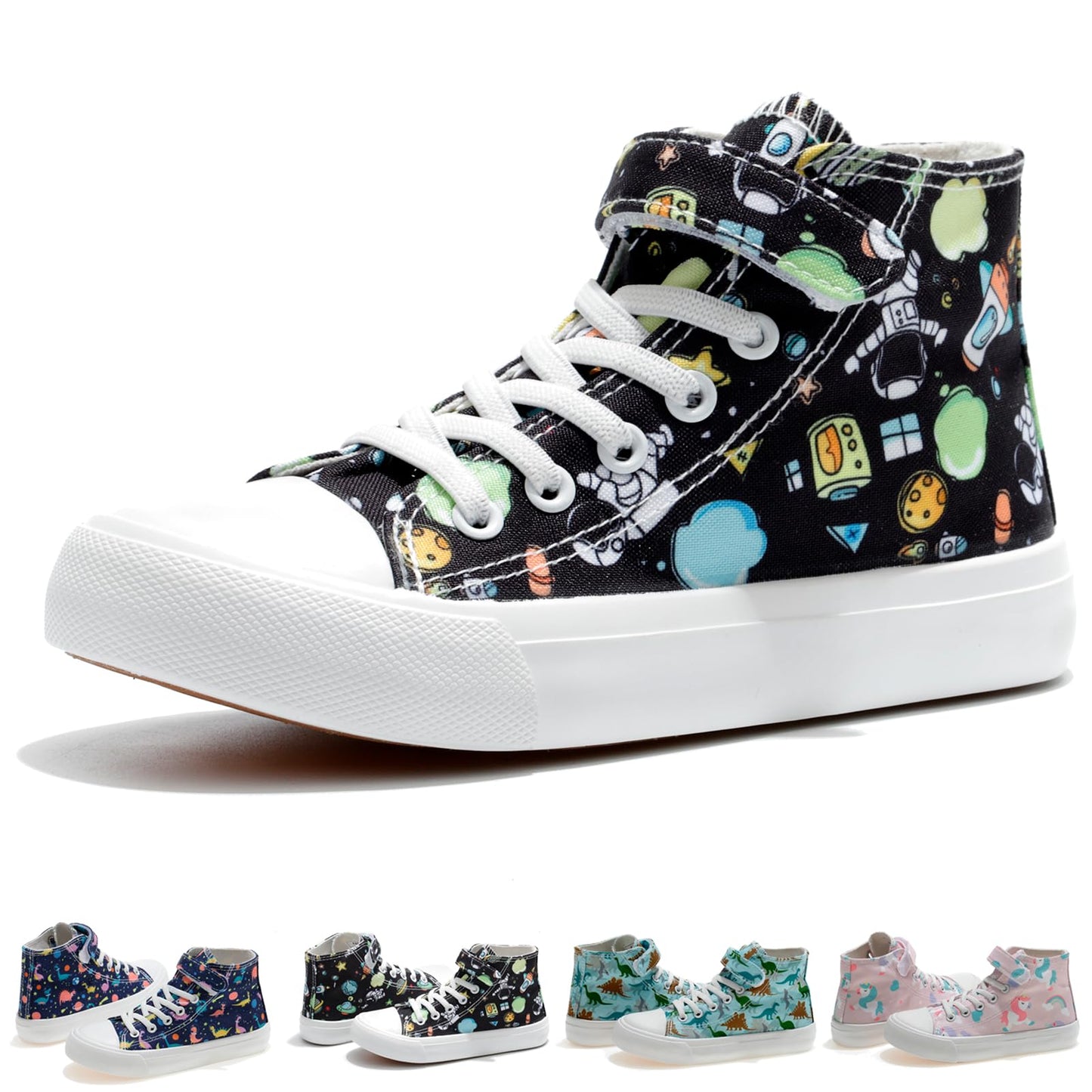 Colorful high-top sneakers with various patterns on a white background