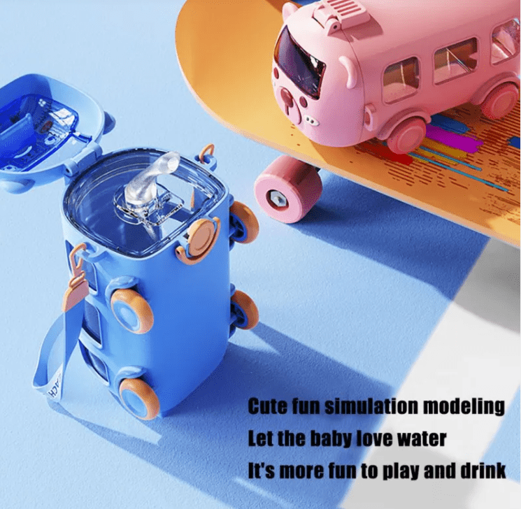 Blue toy water bottle with a pink toy bus on a blue background