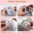 Step-by-step instructions for using a plush toy with battery operation on a pink background.
