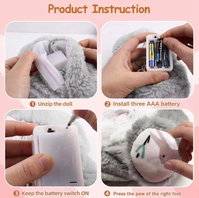 Step-by-step instructions for using a plush toy with battery operation on a pink background.