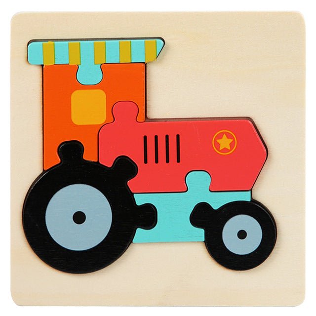Colorful wooden puzzle shaped like a red tractor on a beige background