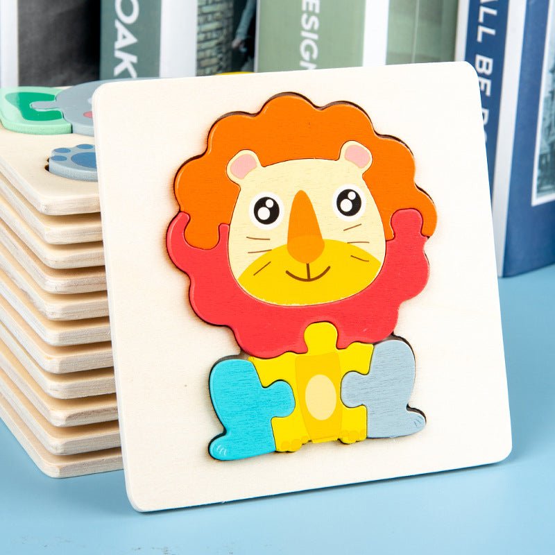 Children's wooden puzzle with a lion design on a blue surface
