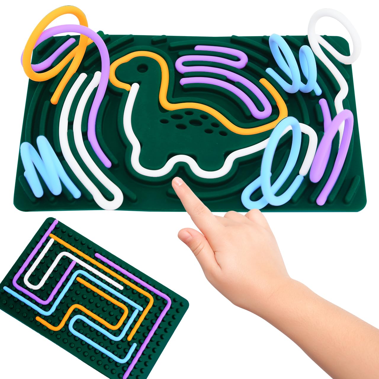 Children's maze board with colorful pathways and a hand interacting with it.