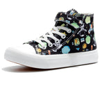 Colorful high-top sneakers with various patterns on a white background