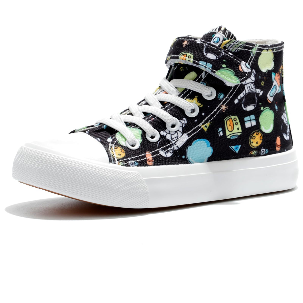 Colorful high-top sneakers with various patterns on a white background