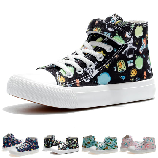 Colorful high-top sneakers with various patterns on a white background