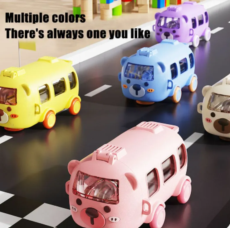 Colorful toy cars on a reflective surface with text about multiple color options.