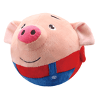 Plush toy of a pig character with a red shirt and blue pants on a white background