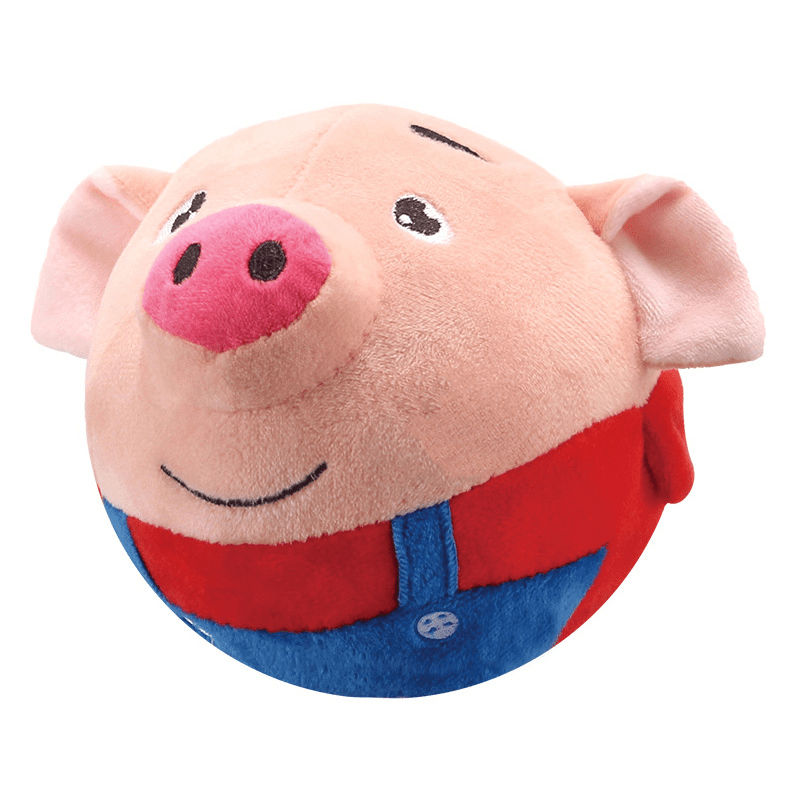 Plush toy of a pig character with a red shirt and blue pants on a white background