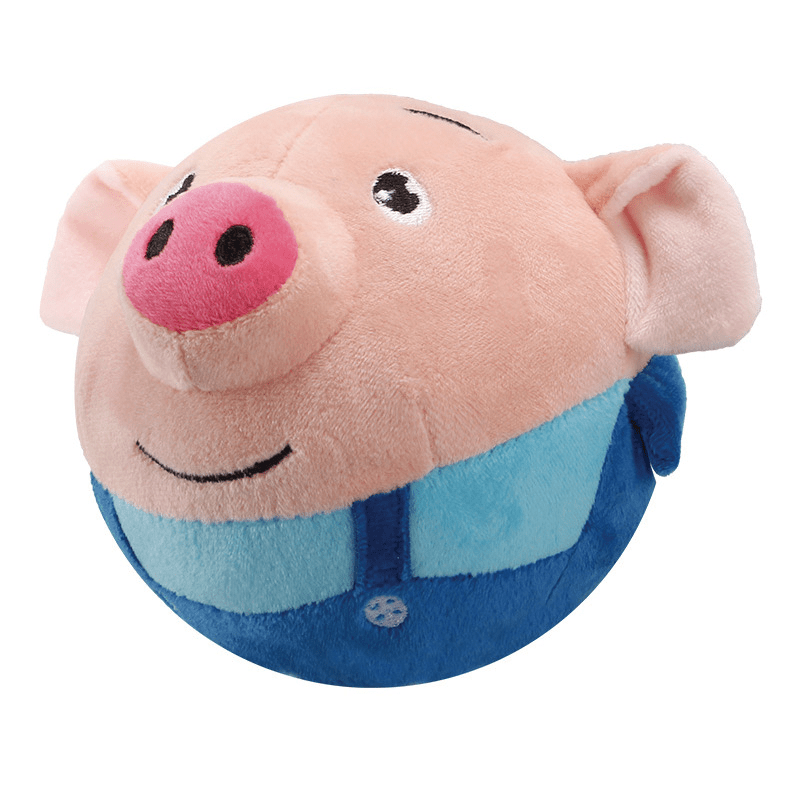 Plush toy of a pig character with a blue outfit on a white background