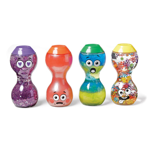 Four colorful hourglass-shaped toys with cartoon faces on a white background