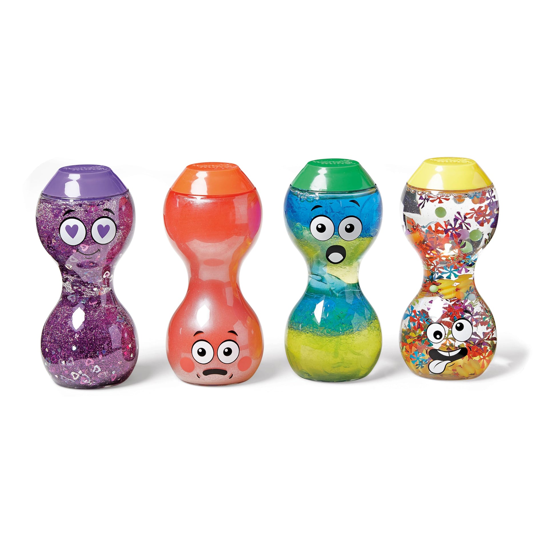 Four colorful hourglass-shaped toys with cartoon faces on a white background