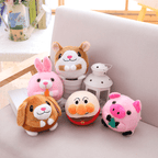 Set of five cartoon animal plush toys on a light-colored surface.