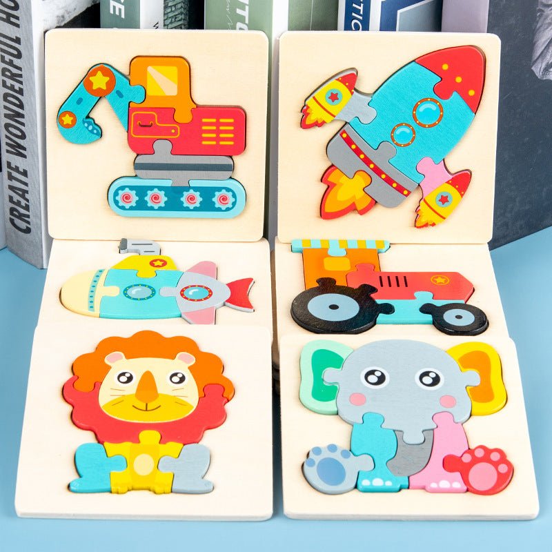 Children's wooden puzzle with colorful animal and vehicle shapes on a blue surface.