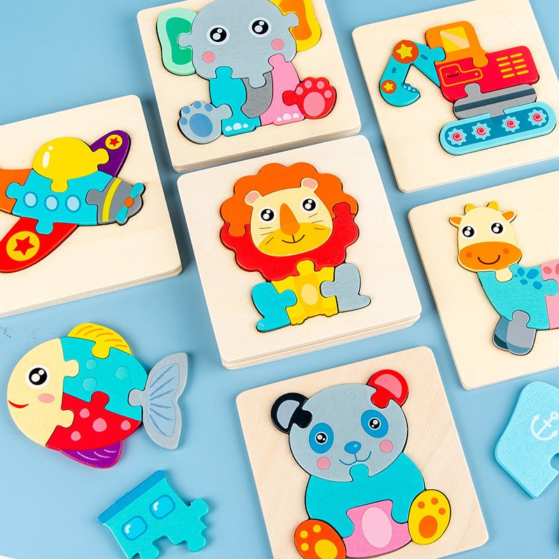 Set of colorful wooden animal puzzles on a blue background