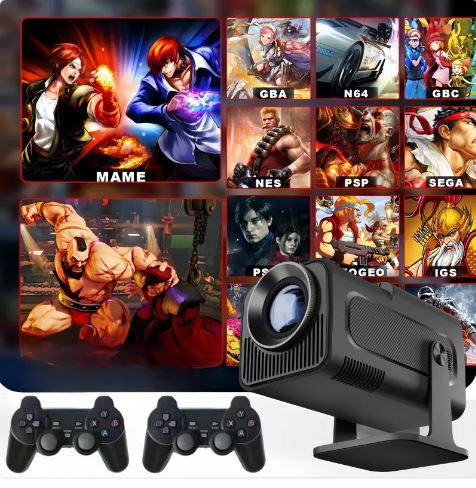 Gaming projector with controllers and game character images on a screen
