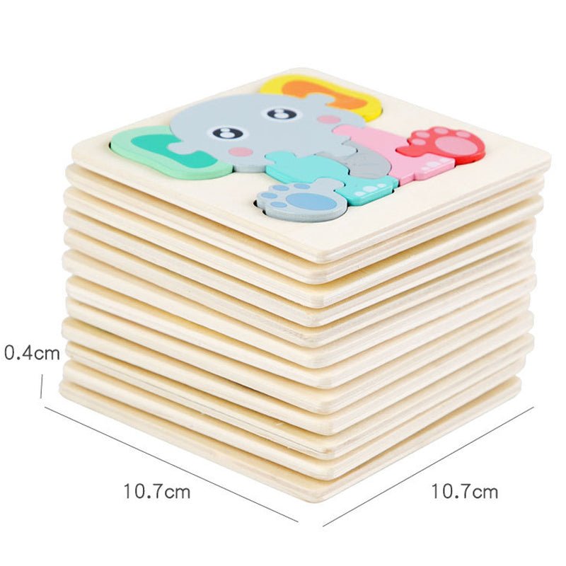 Stack of wooden puzzle pieces with a cartoon elephant design, dimensions displayed.