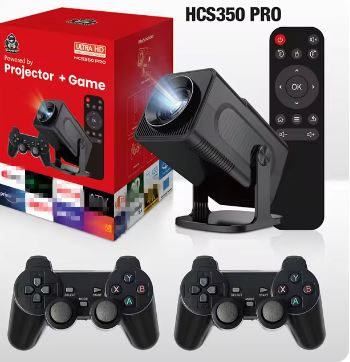 HCS350 PRO projector with remote control and gaming controllers, displayed against a white background.