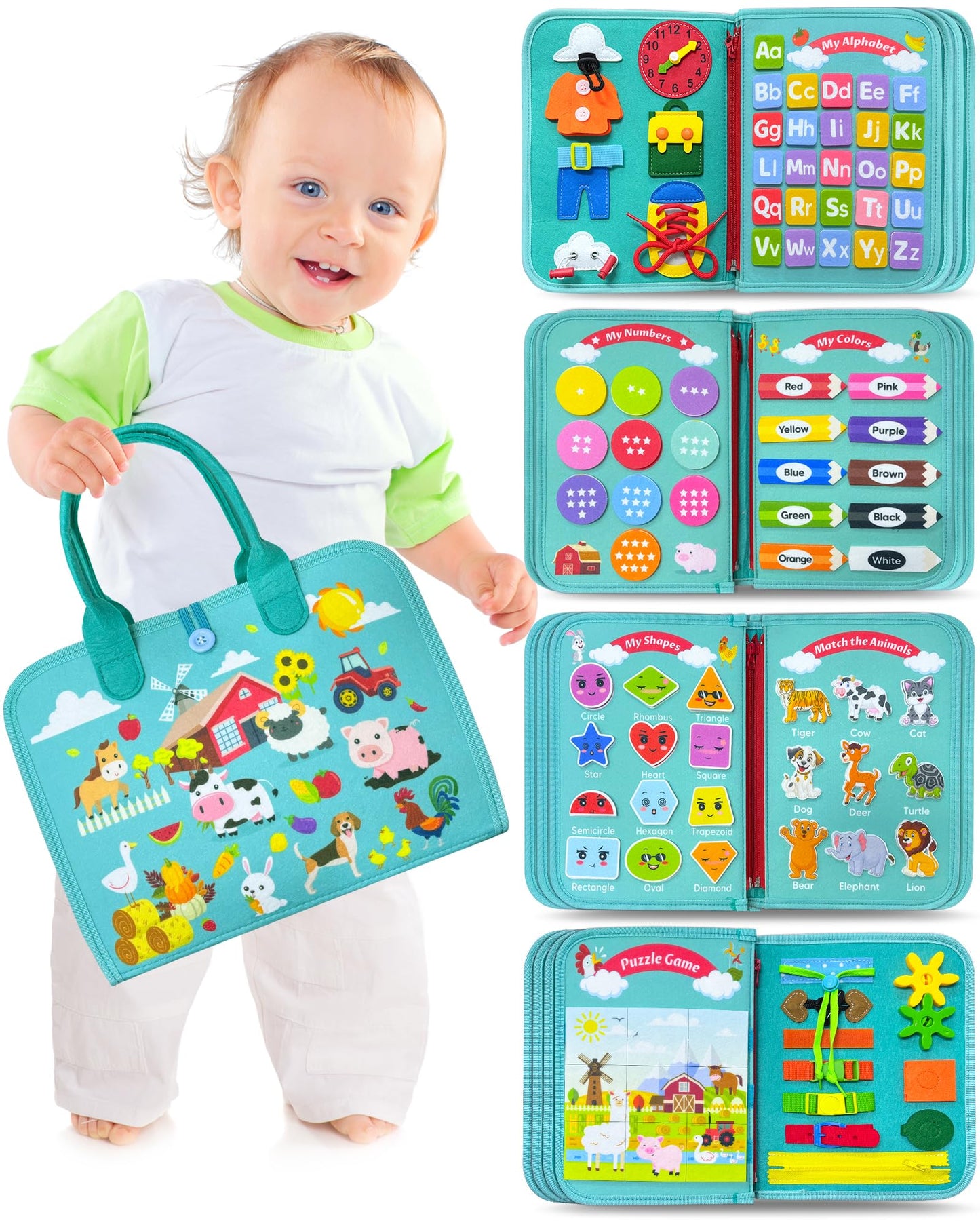 Child holding a colorful educational toy book with various interactive elements.
