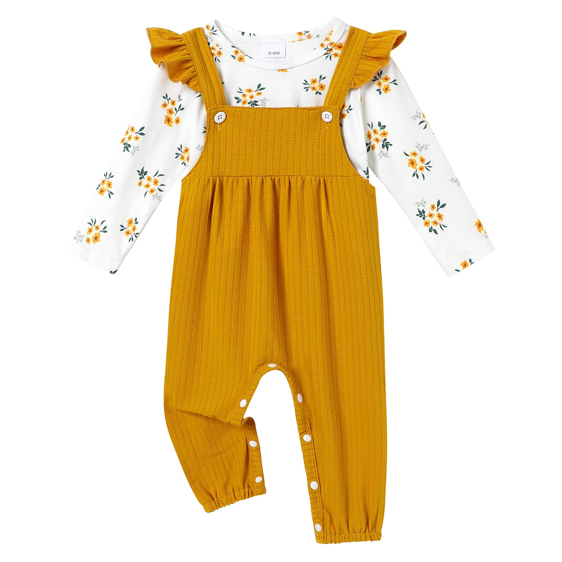 Yellow overalls with floral long-sleeve shirt on a white background