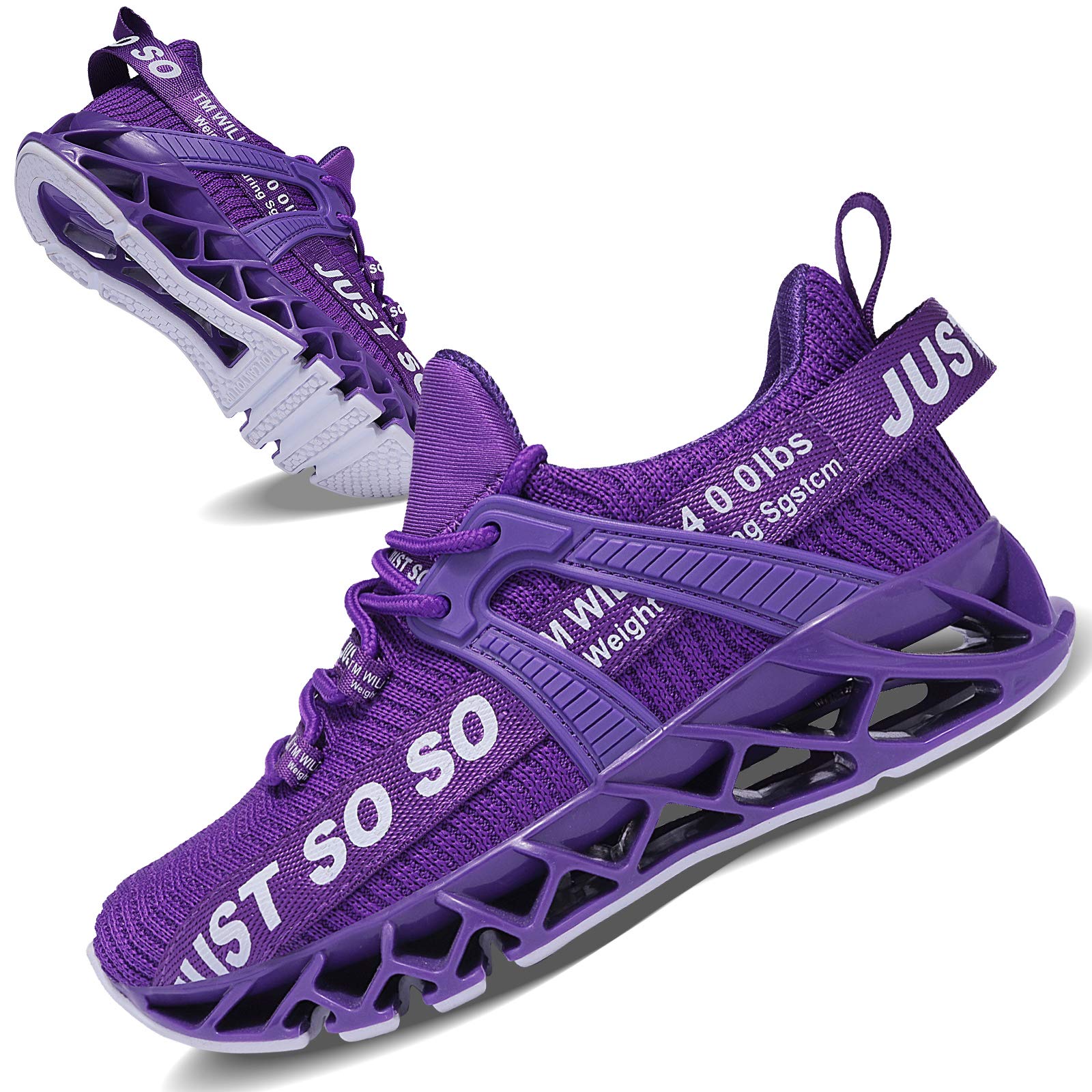 Purple athletic shoes with white text on a white background