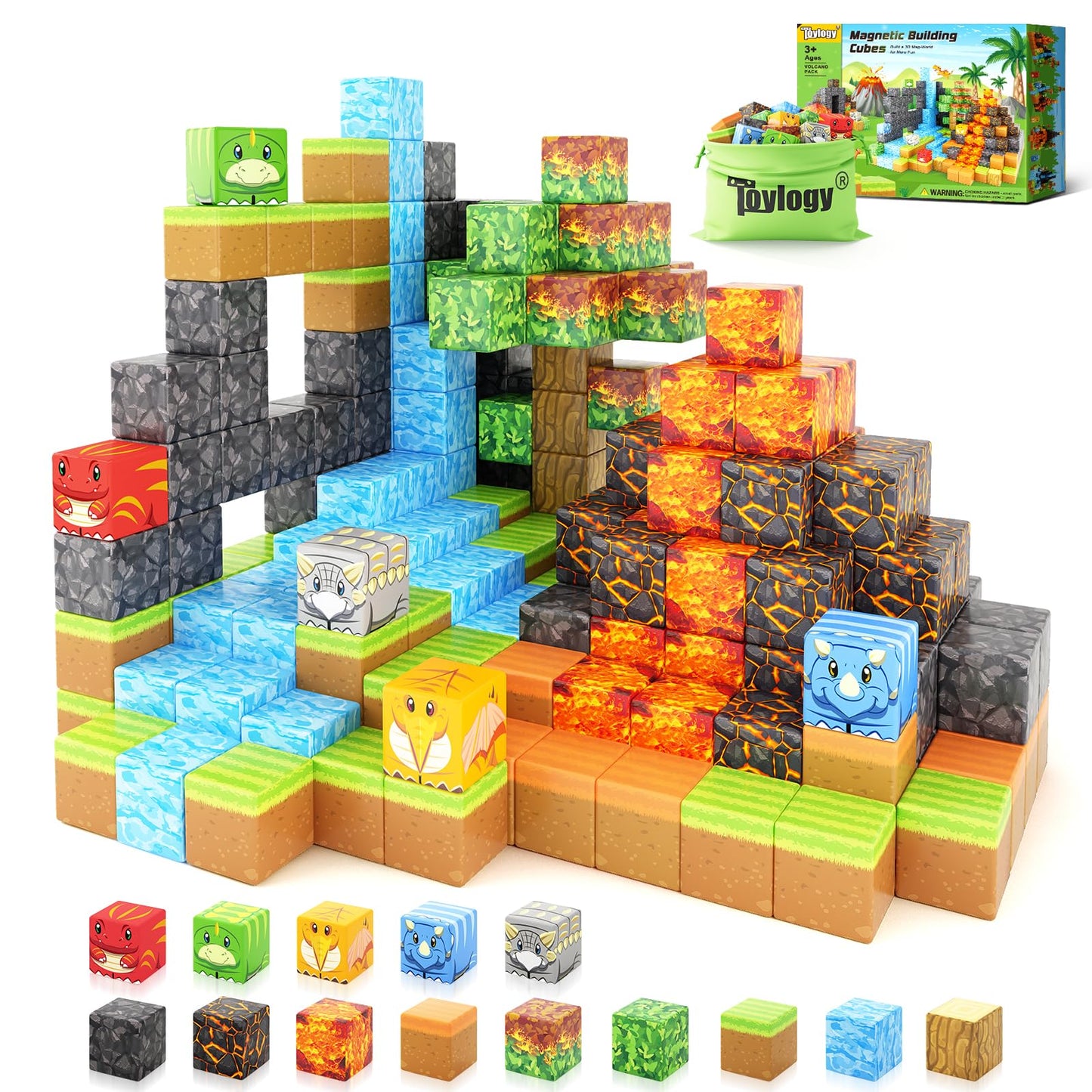 Toy building blocks set with various colored blocks and a few completed structures on a white background.