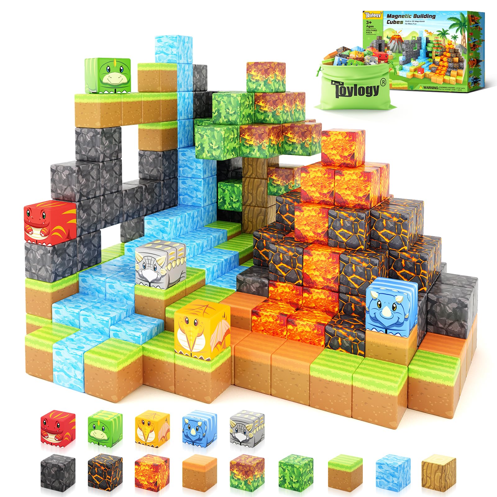 Toy building blocks set with various colored blocks and a few completed structures on a white background.