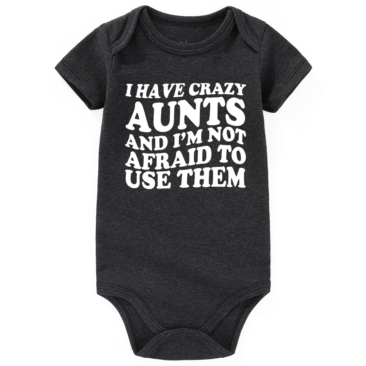 Black baby onesie with white text on a white background