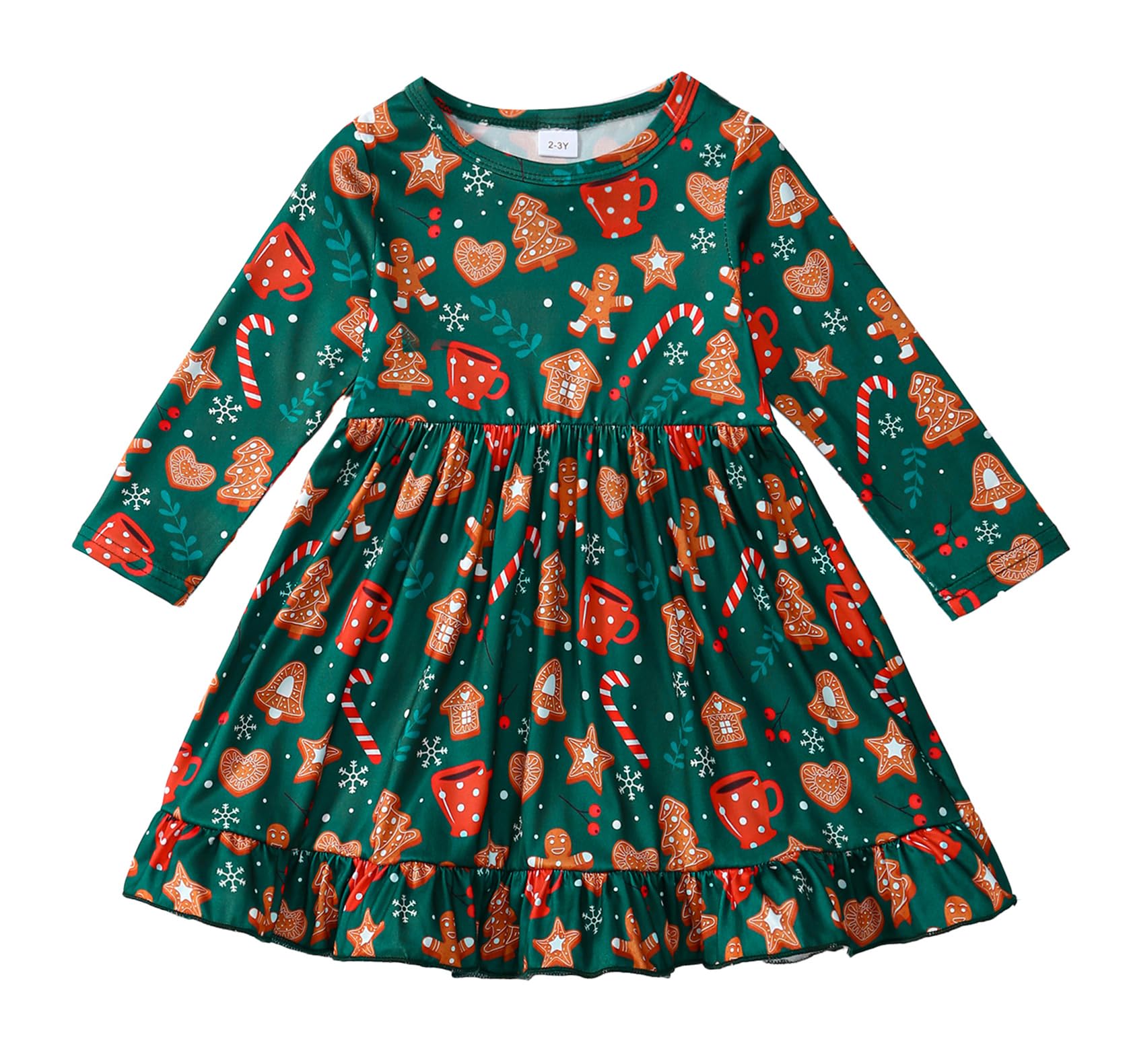 Christmas-themed dress with gingerbread men, candy canes, and mugs on a green background