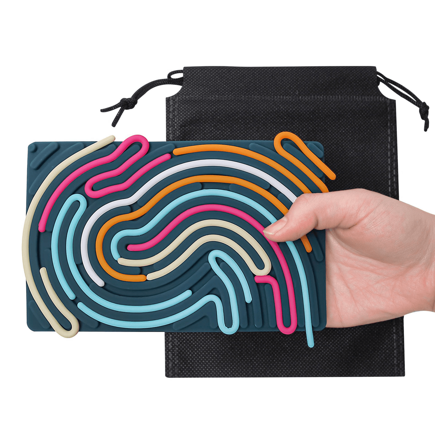 Colorful silicone bread shapes on a black drawstring bag with a hand holding them.