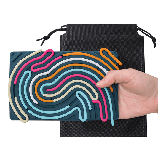 Colorful silicone bread shapes on a black drawstring bag with a hand holding them.