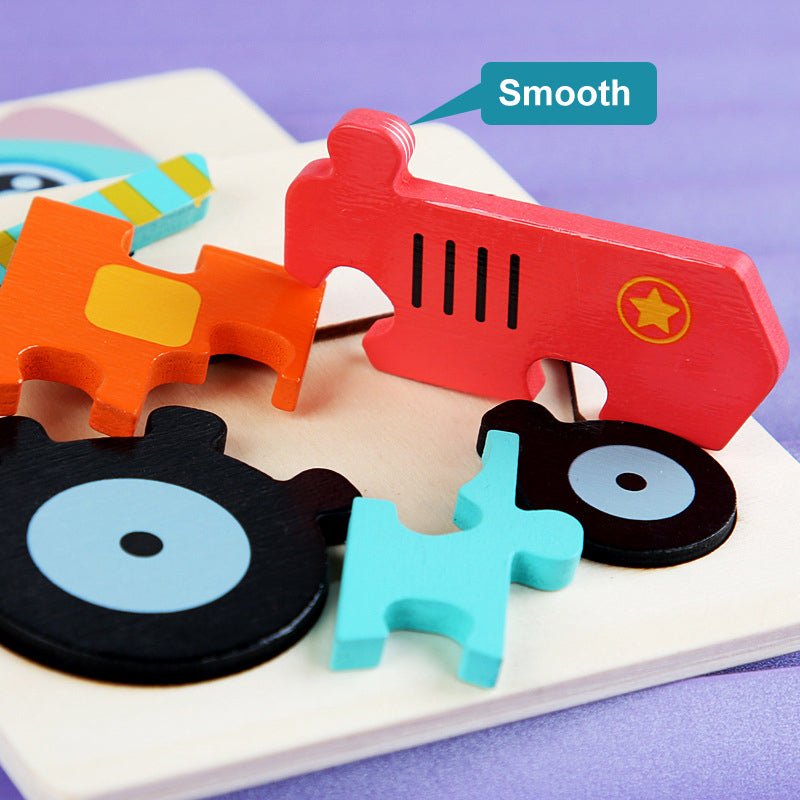 Colorful wooden puzzle pieces on a white base with a purple background