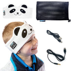 Panda-themed sleep mask worn by a child, with a black mesh pouch and USB cable on a white background.