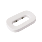 White oval-shaped device with two small lights on a white background