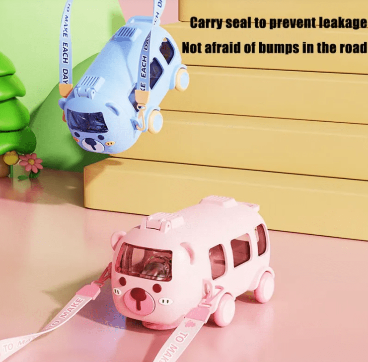 Pink toy car with a strap on a pink surface, with text about a 'carry seal' on a yellow background.