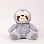 Plush toy sloth in a gray hoodie on a white background
