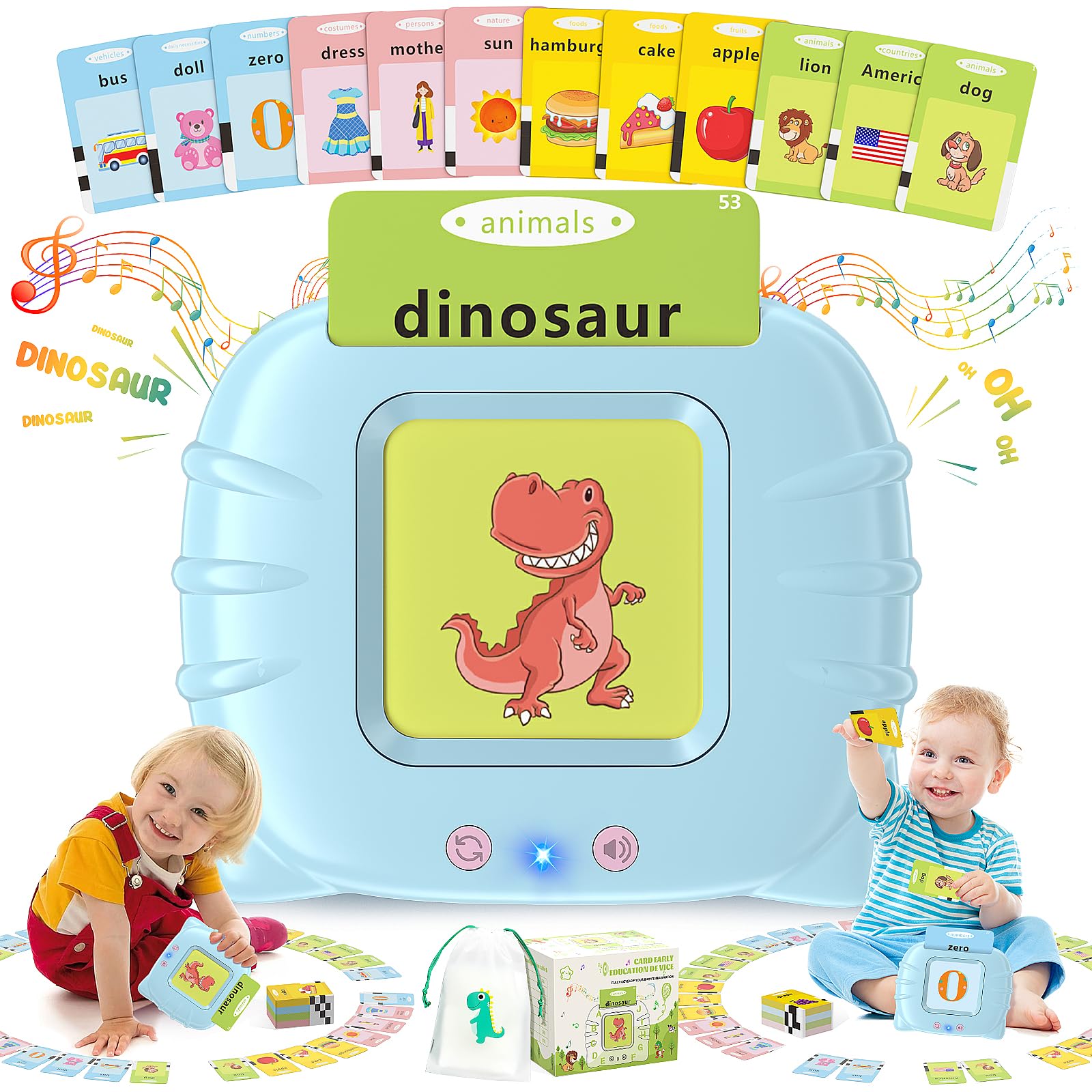 Children's educational toy with dinosaur illustration and learning materials on a white background