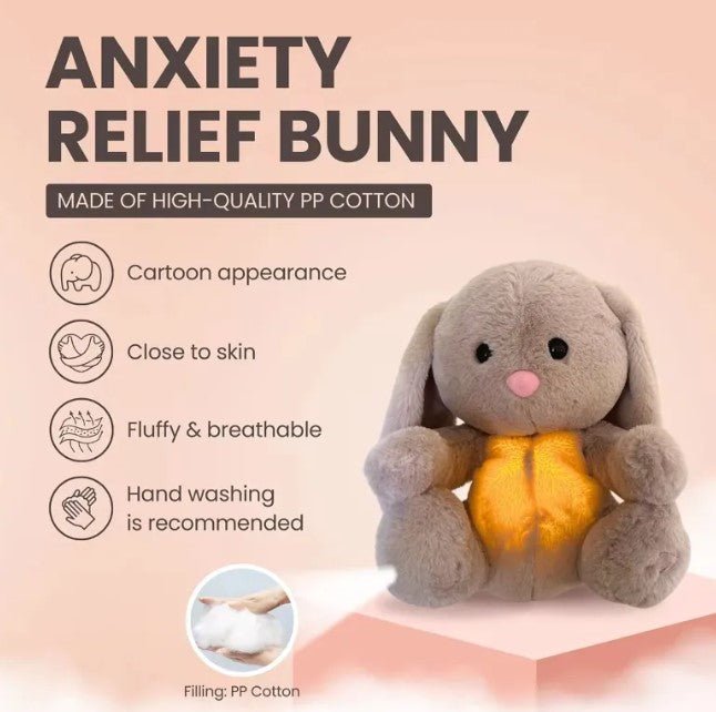 Anxiety Relief Bunny plush toy with features listed on a pink background