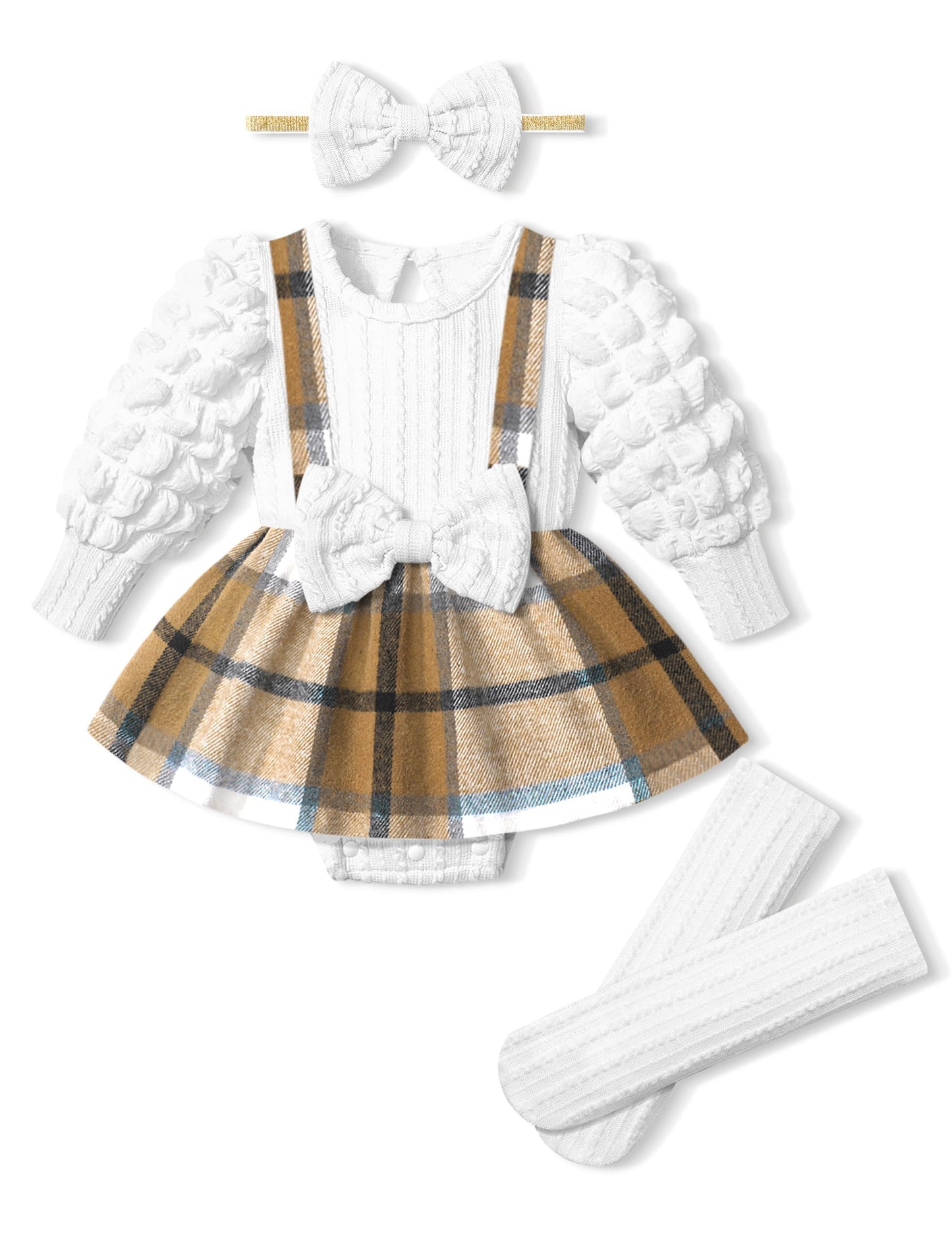 Children's outfit with white sweater, plaid skirt, white bow headband, and white tights on a white background