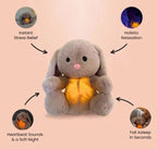 Gray plush bunny with glowing belly on a pink background, labeled for stress relief, relaxation, heartbeats, and sleep aid.