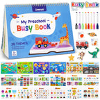 Preschool busy book with colorful illustrations and markers on a blue background