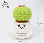 Small crocheted cactus plush toy with a white base and text on a white background