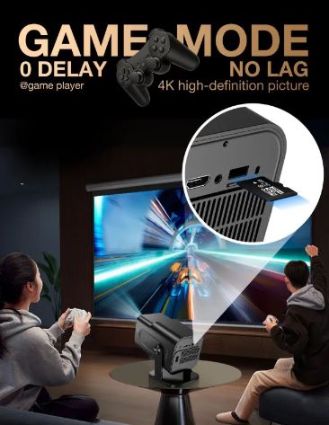 Two people playing a video game using a home theater system with a projector and screen.